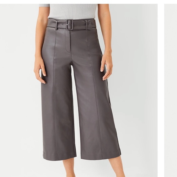 Ann Taylor Pants - Ann Taylor Gray Faux Leather Wide Leg Belted Cropped Pants